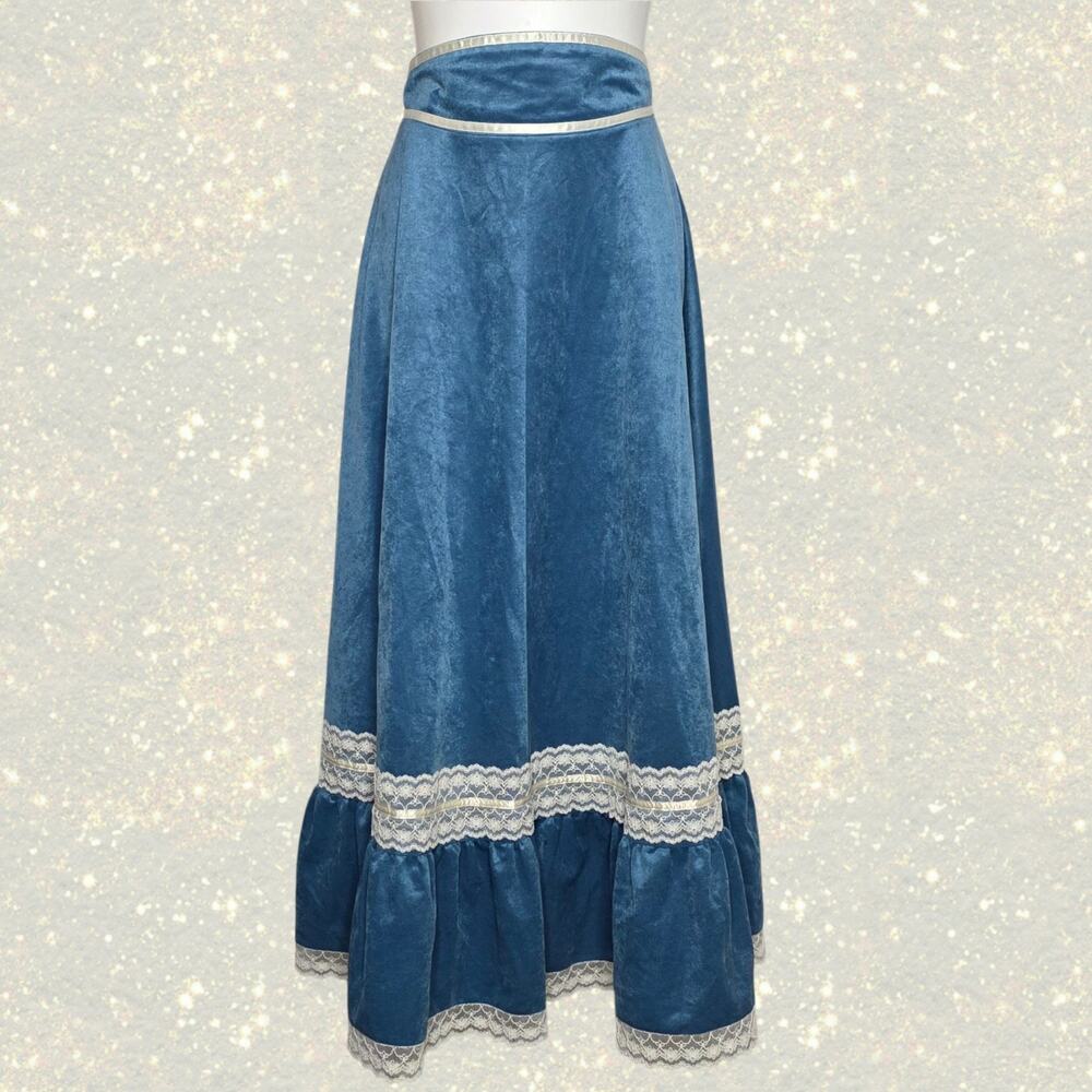 Vintage Blue Velvet Maxi Skirt Prairie Victorian Lace Trim Ruffle Western